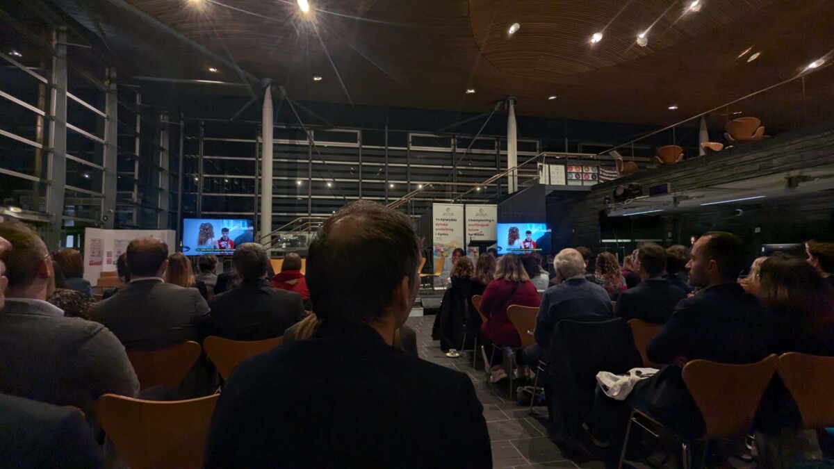 A crowd watch the MFL Mentoring film produced by Clear The Fog at the Senedd, Cardiff Bay in December 2024